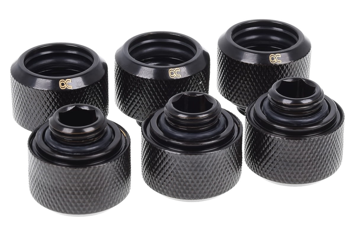Alphacool Eiszapfen 16mm HardTube Compression Fitting G1/4 for rigid tubes - knurled - Deep Black Six Pack