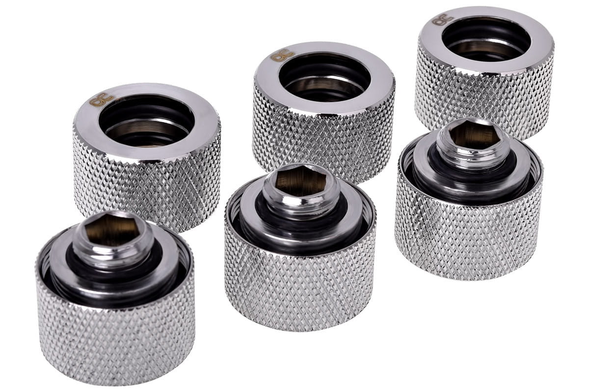 Alphacool HT 16mm HardTube Compression Fitting G1/4 for rigid tubes - knurled - Chrome Six Pack : image 1