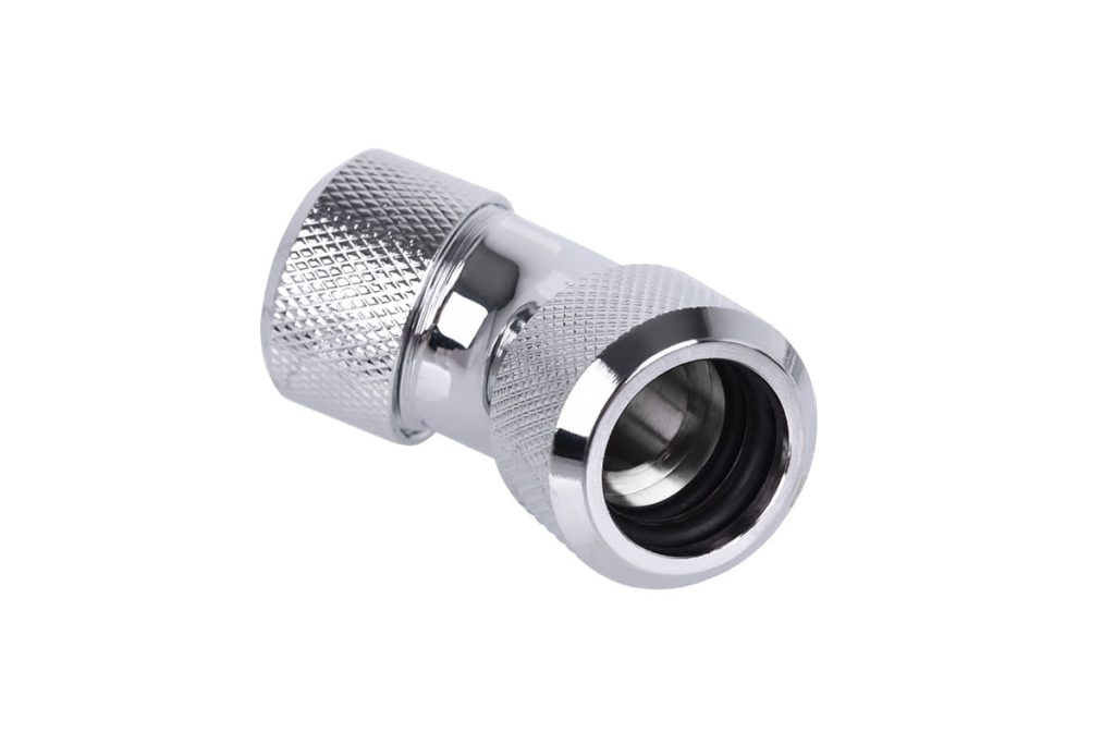 Alphacool Eiszapfen 16mm HardTube Compression Fitting 45degree L-connector for rigid tubes - knurled - Chrome