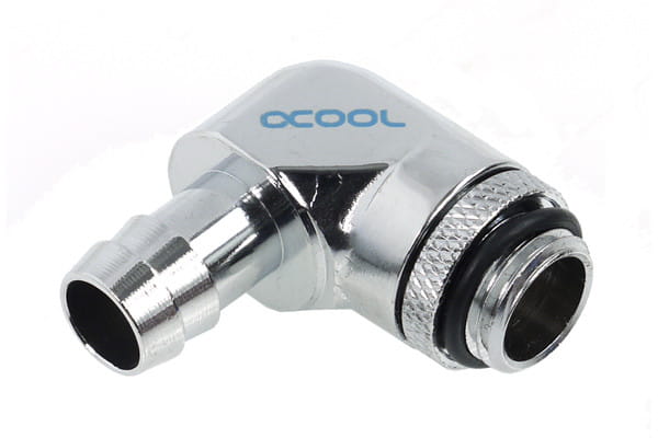 Alphacool 10mm (3/8inch) barbed fitting 90degree Rotary G1/4 with O-Ring – Chrome