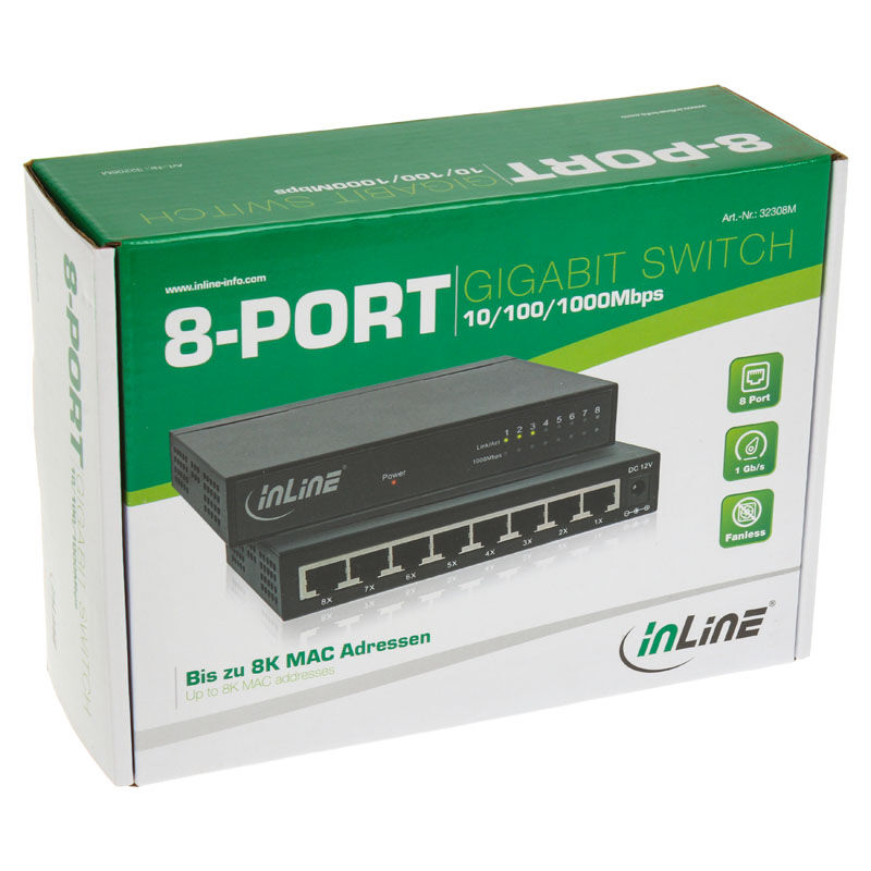 InLine Gigabit Network Switch 8-Port, 1GBit / s, Desktop, fanless