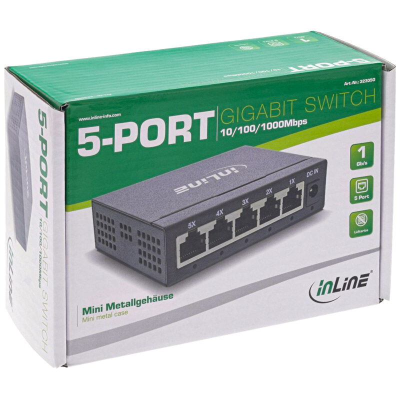 Inline Gigabit Network Switch 5-Port, 1GBit/s, Fanless