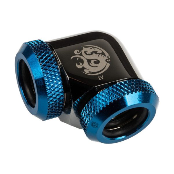 BitsPower Adapter 90 degrees 12mm AD hardtube to 12mm AD hardtube – glossy black / blue