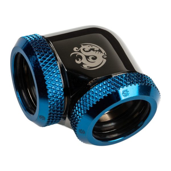 BitsPower Adapter 90 degrees 16mm AD hardtube to 16mm AD hardtube – glossy black / blue