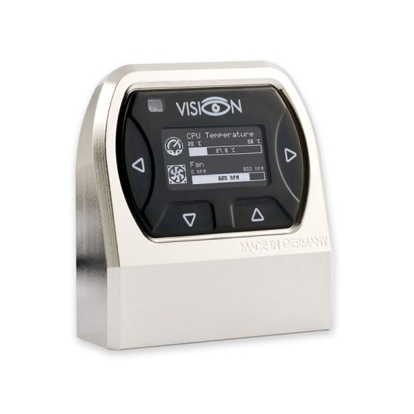 Aquacomputer VISION Touch table top unit, matte nickel plating, IR receiver and ambient temperature sensor