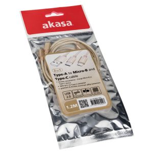 Akasa 2 in 1 USB 2.0 cable type A to Micro-B and type C - 1m, gold