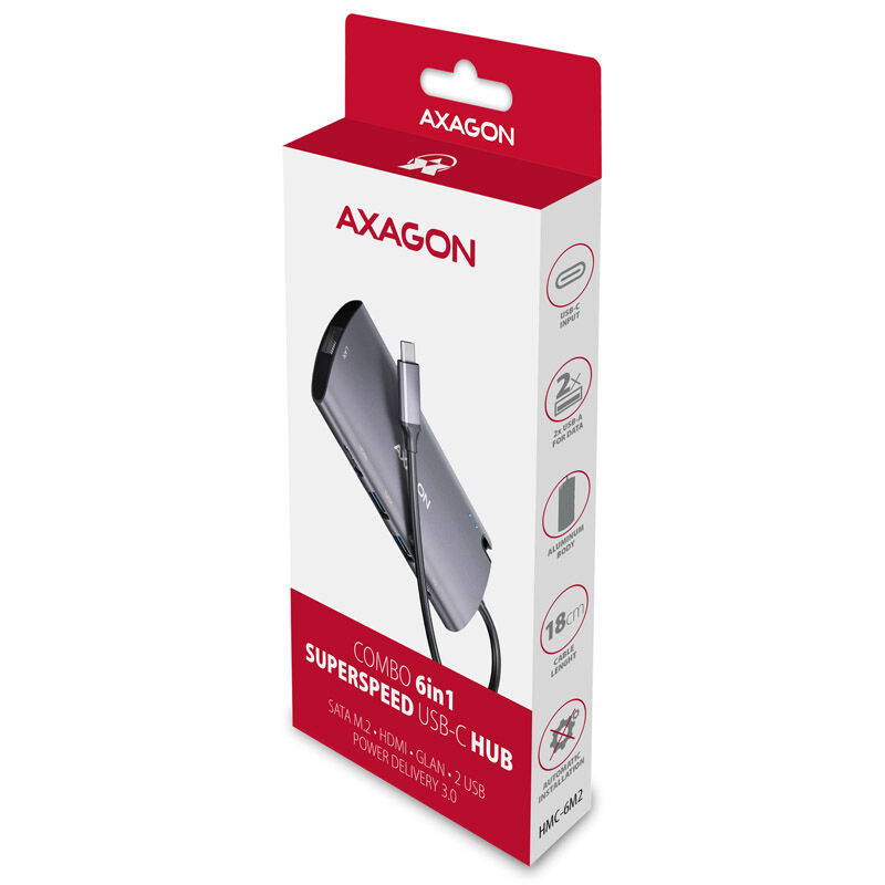 AXAGON HMC-6M2 multiport hub, USB 3.0, M.2-SATA, HDMI, Gbit-LAN, 2x USB-A, 1x USB-C