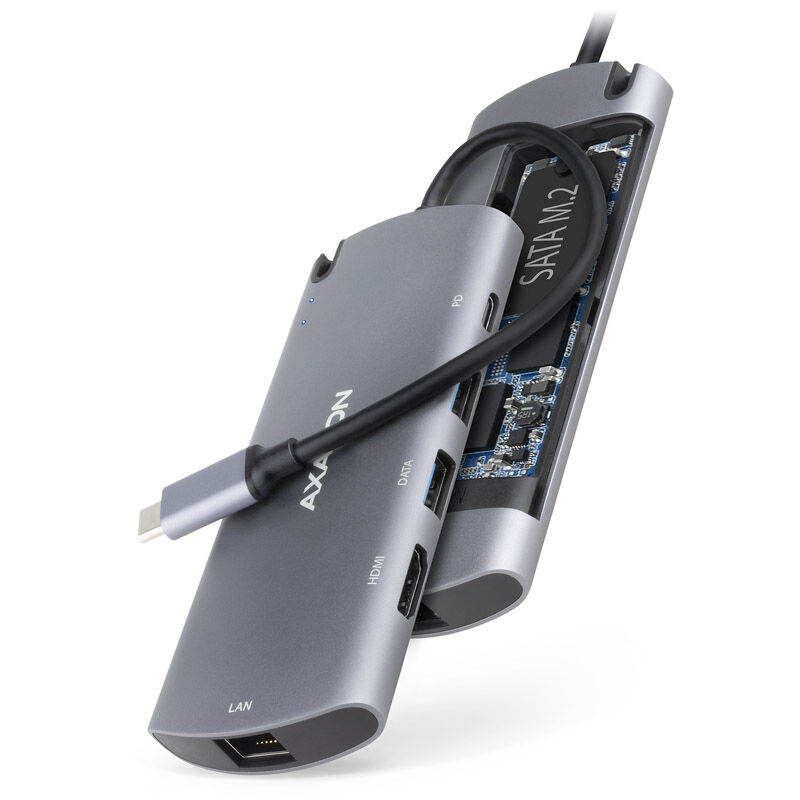 AXAGON HMC-6M2 multiport hub, USB 3.0, M.2-SATA, HDMI, Gbit-LAN, 2x USB-A, 1x USB-C
