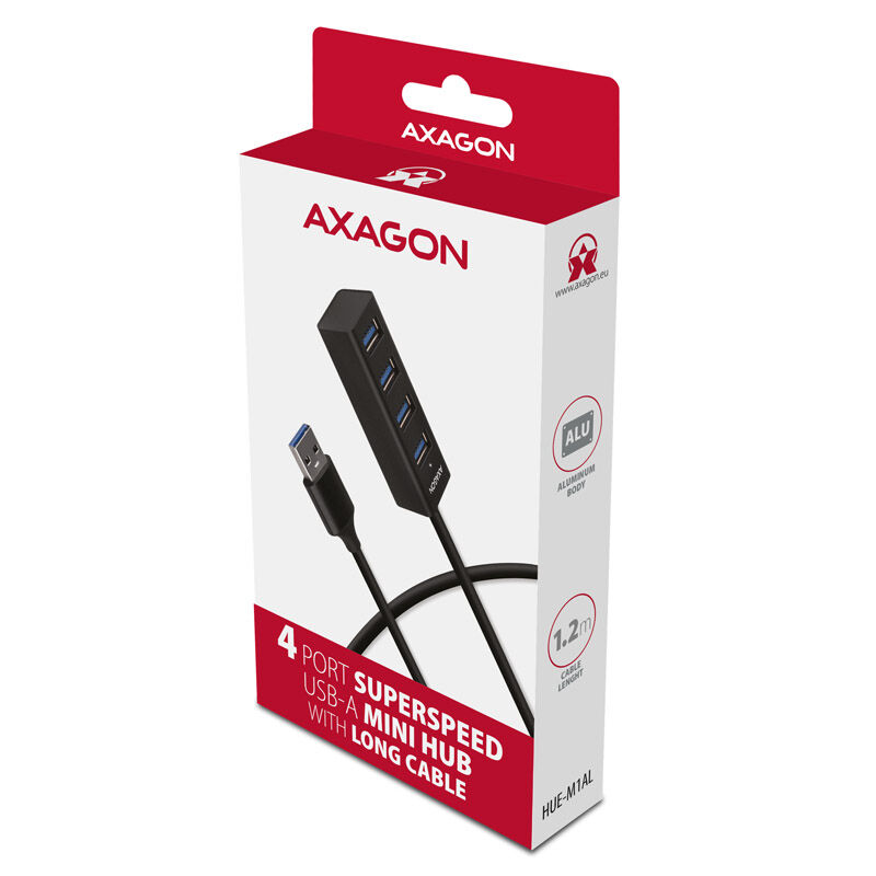 AXAGON HUE-M1AL Mini USB-A Hub, 4x USB-A 3.2 Gen 1, silver - 1.2m