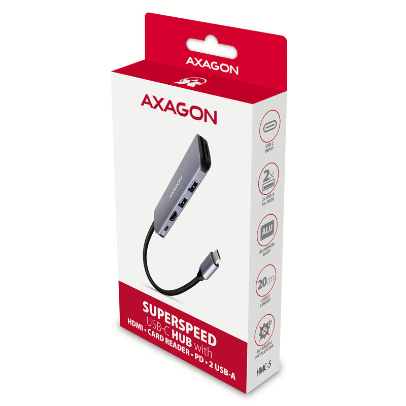 AXAGON HMC-5 USB-C Hub, 2x USB-A, HDMI, 2x USB-C 3.2 Gen 1, 1x SD, 1x microSD, silver : image 4