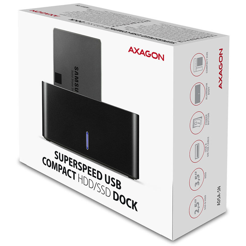 AXAGON ADSA-SN docking station, USB 3.0, 1x 2.5 / 3.5 SSD / HDD, SATA 6 - black