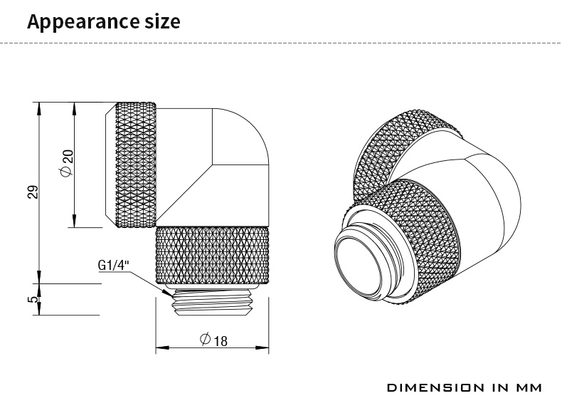Barrow G1/4 Male Rotary to 90 Degree, 12mm Hard Tube Compression Fitting - Shiny Silver
