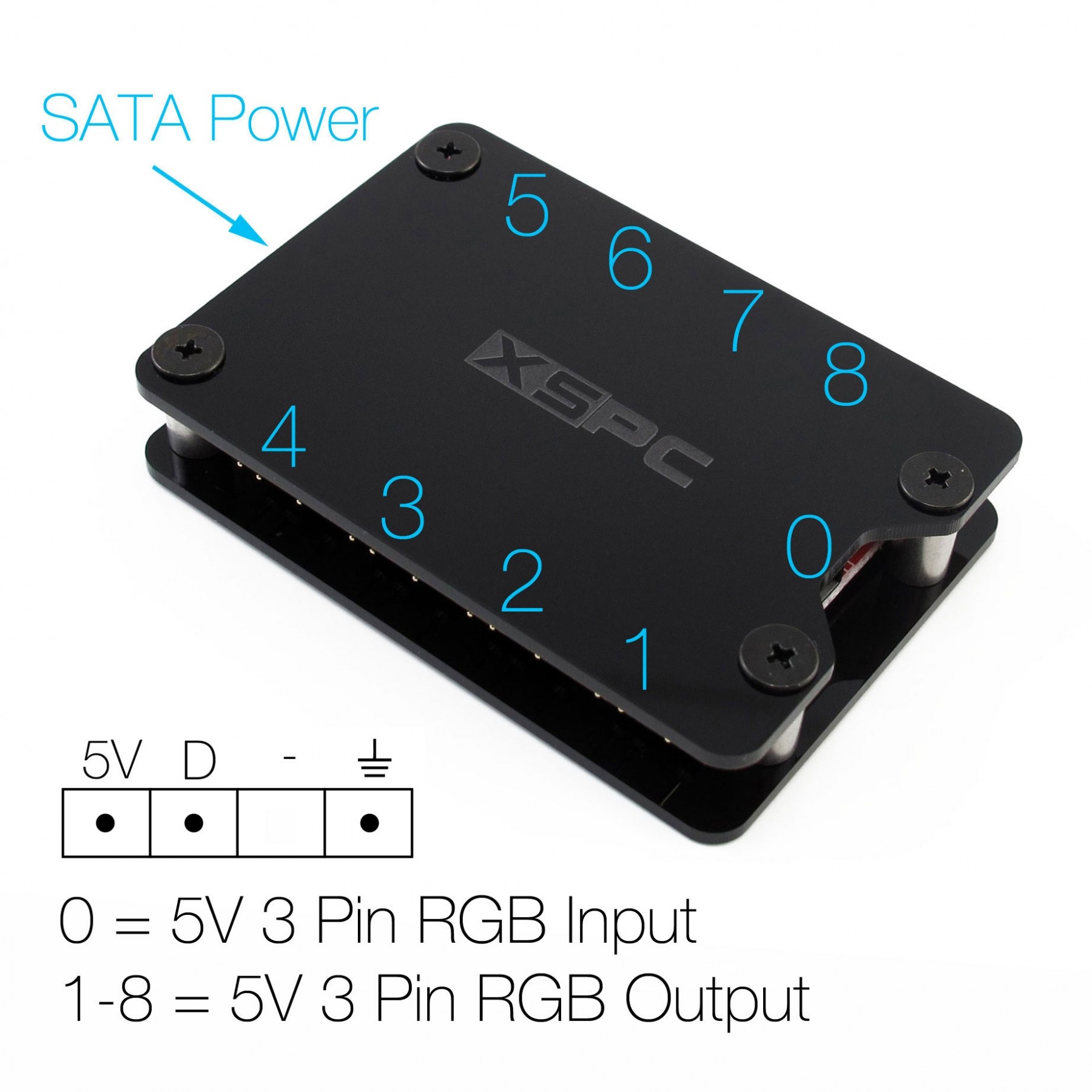 XSPC 8 Way, 3Pin, 5V, Addressable RGB Splitter Hub - SATA Powered (Black)