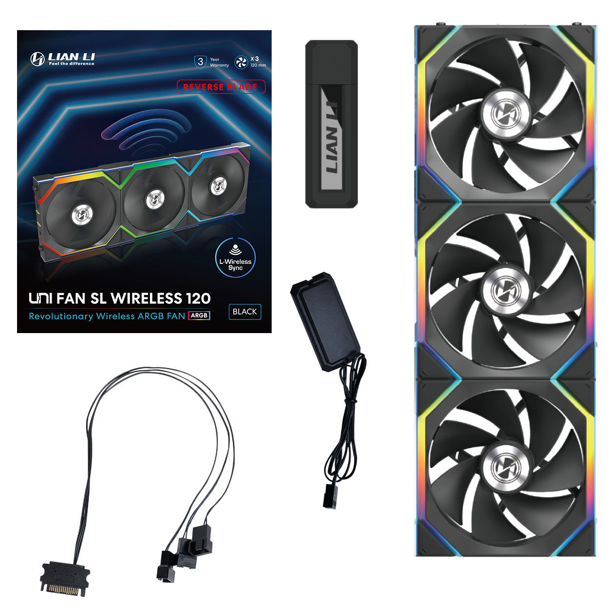 Lian Li UNI FAN SL Wireless ARGB PWM Fan, 3-Pack incl. Controller - Reverse Blade, 120 mm, black