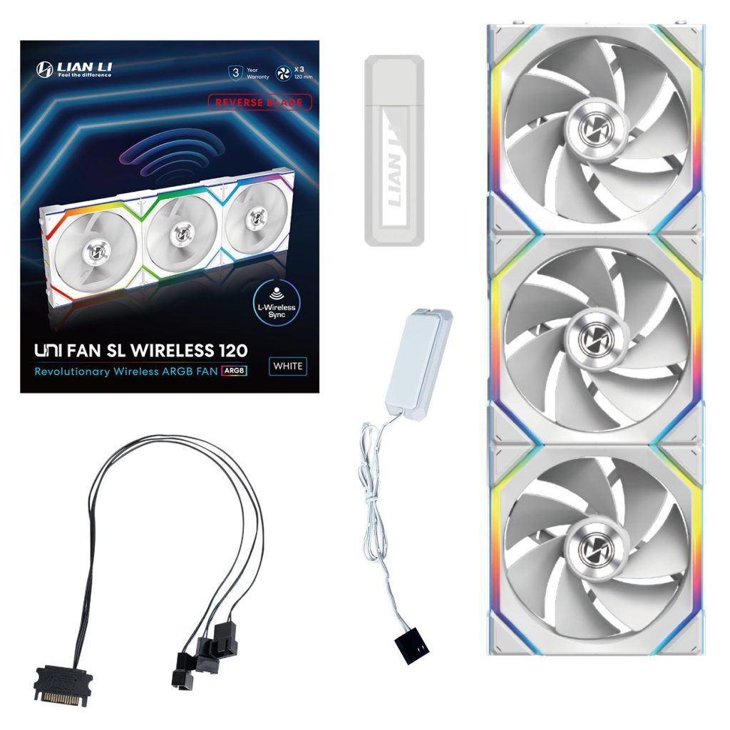 Lian Li UNI FAN SL Wireless ARGB PWM Fan, 3-Pack incl. Controller - Reverse Blade, 120 mm, white