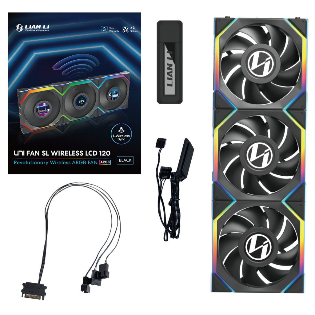 Lian Li UNI FAN SL Wireless LCD Fan, ARGB, PWM, 3-Pack incl. Controller - 120 mm, black