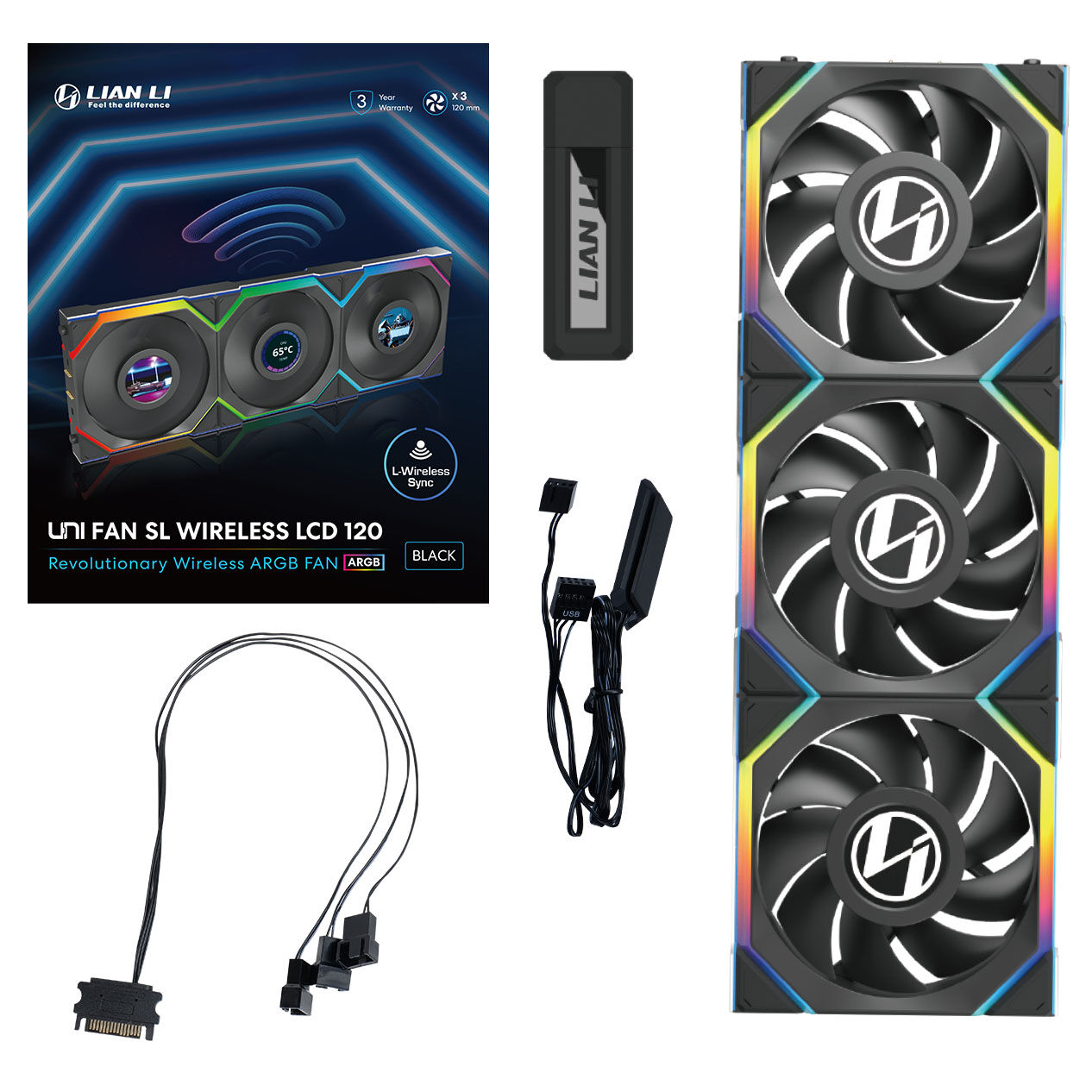 Lian Li UNI FAN SL Wireless LCD Fan, ARGB, PWM, 3-Pack incl. Controller - 120 mm, black