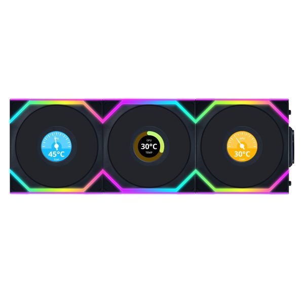 Lian Li UNI FAN SL Wireless LCD Fan, ARGB, PWM, 3-Pack incl. Controller – Reverse Blade, 120 mm, black