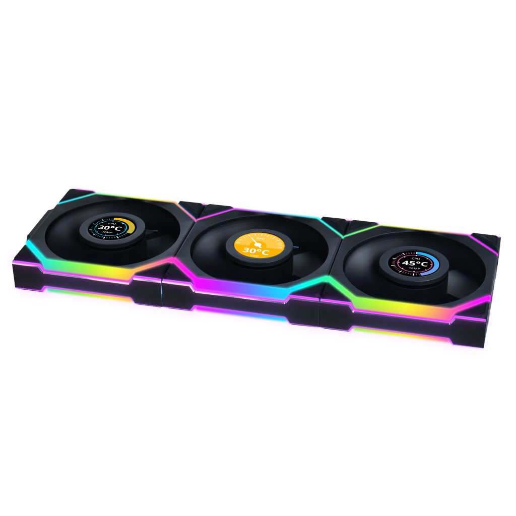 Lian Li UNI FAN SL Wireless LCD Fan, ARGB, PWM, 3-Pack incl. Controller - Reverse Blade, 120 mm, black