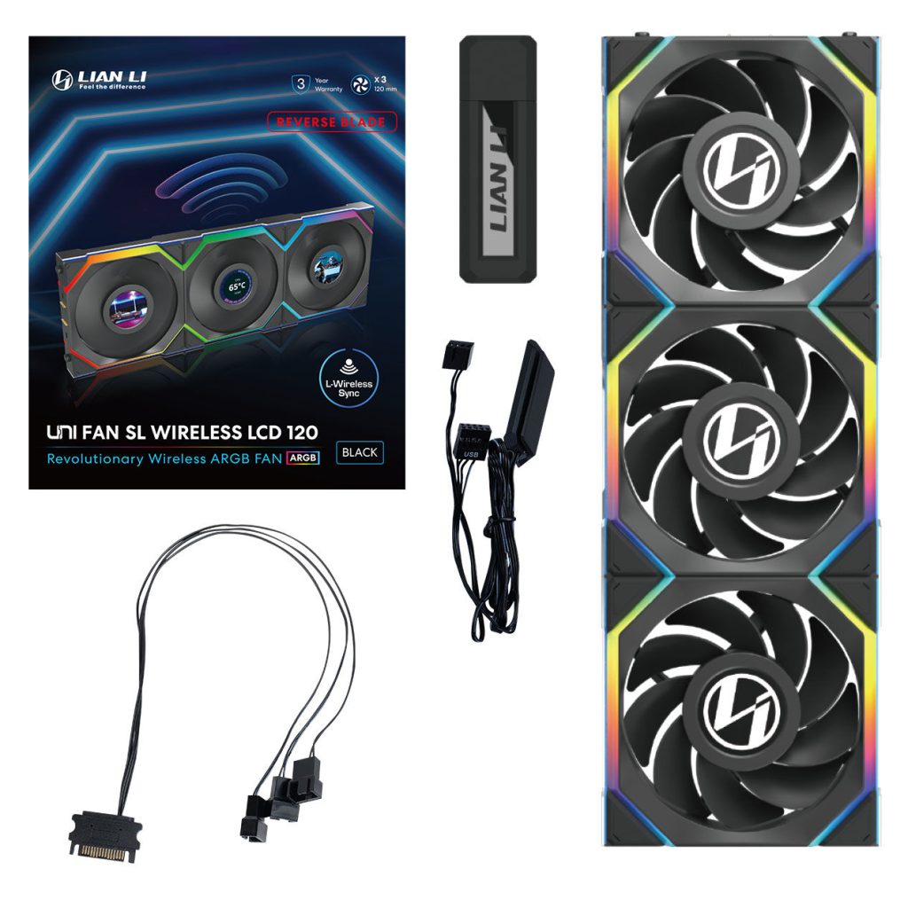 Lian Li UNI FAN SL Wireless LCD Fan, ARGB, PWM, 3-Pack incl. Controller - Reverse Blade, 120 mm, black