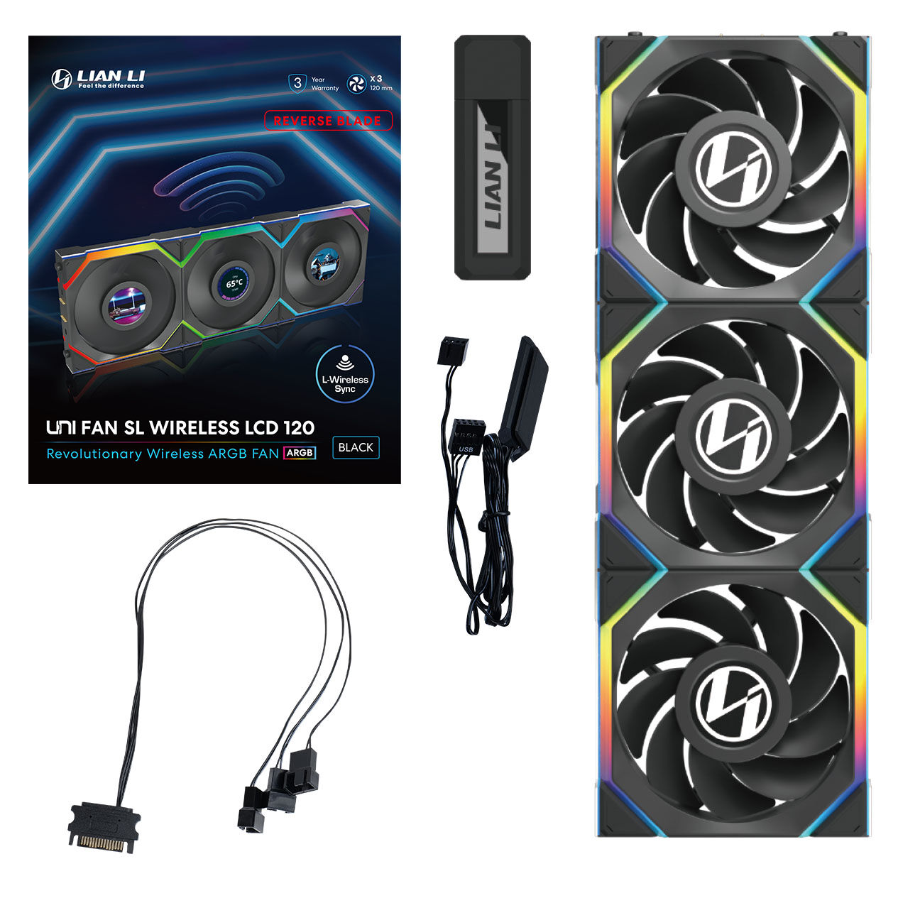 Lian Li UNI FAN SL Wireless LCD Fan, ARGB, PWM, 3-Pack incl. Controller - Reverse Blade, 120 mm, black
