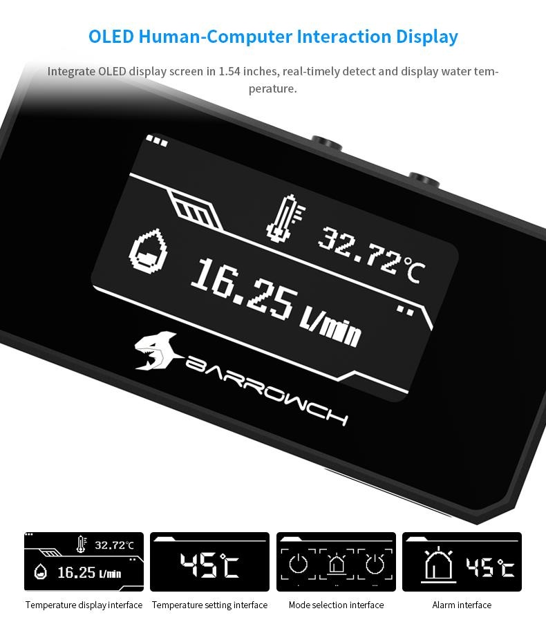 BarrowCH G1/4 Multimode OLED Display, Flow / Overheat Alarm with Intelligent Shutdown - Black - B-Grade