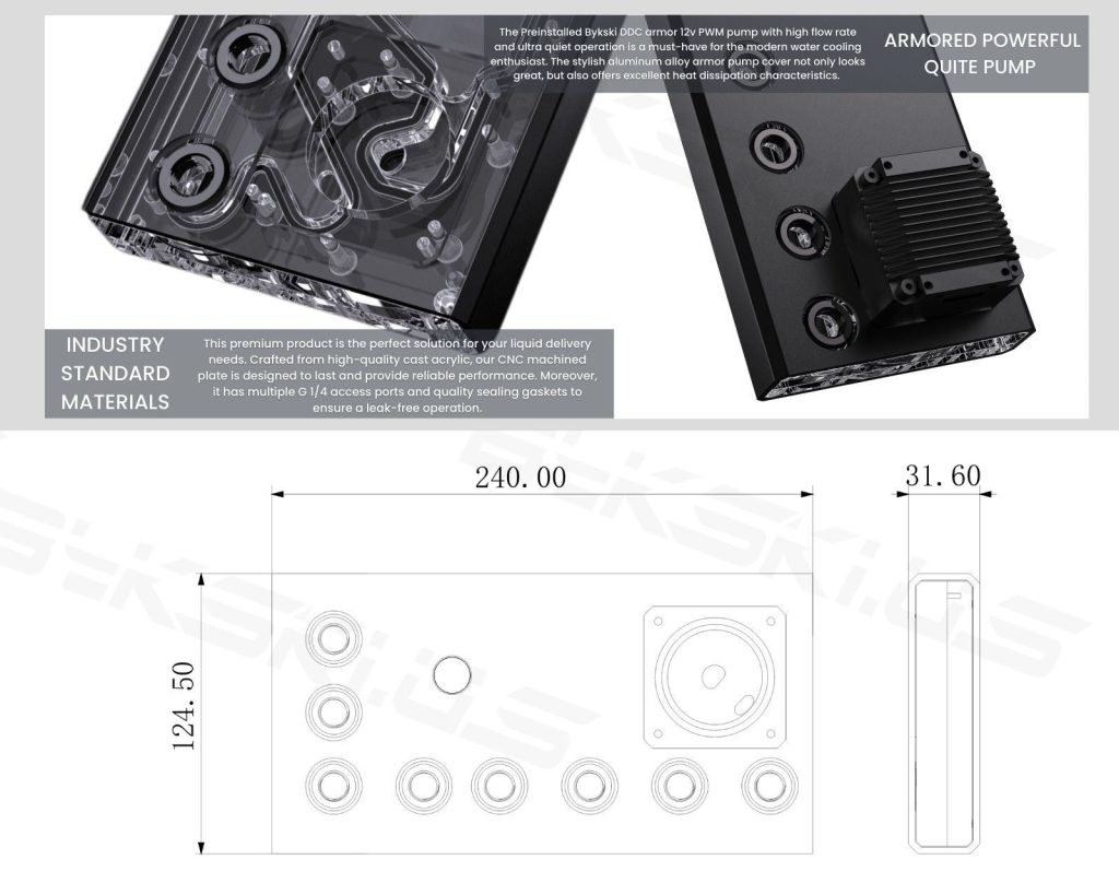 Bykski 240 Full Armour Universal Distro Plate with DDC PWM Pump, 5v aRGB - (RGV-DDC-X-TK240) - Black