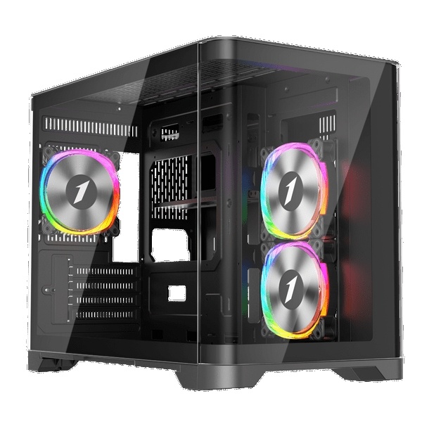 1st Player UV6 Micro ATX Case with U-Shaped Panoramic Panel and 3x RGB Fans – Black