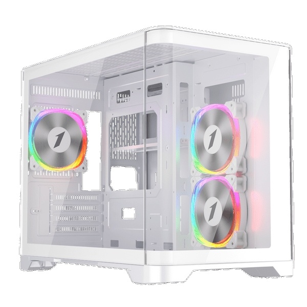 1st Player UV6 Micro ATX Case with U-Shaped Panoramic Panel and 3x RGB Fans – White