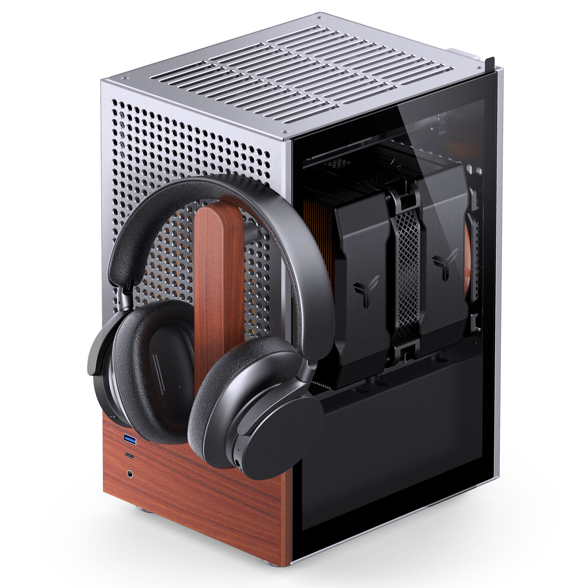 Jonsbo T6 PC Case, Mini-Tower, Mini-ITX, Tempered Glass, Wood - Silver - B-Grade