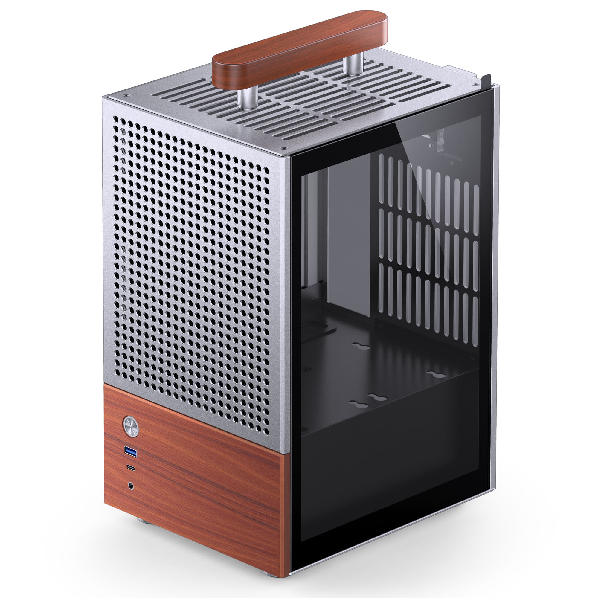 Jonsbo T6 PC Case, Mini-Tower, Mini-ITX, Tempered Glass, Wood - Silver - B-Grade