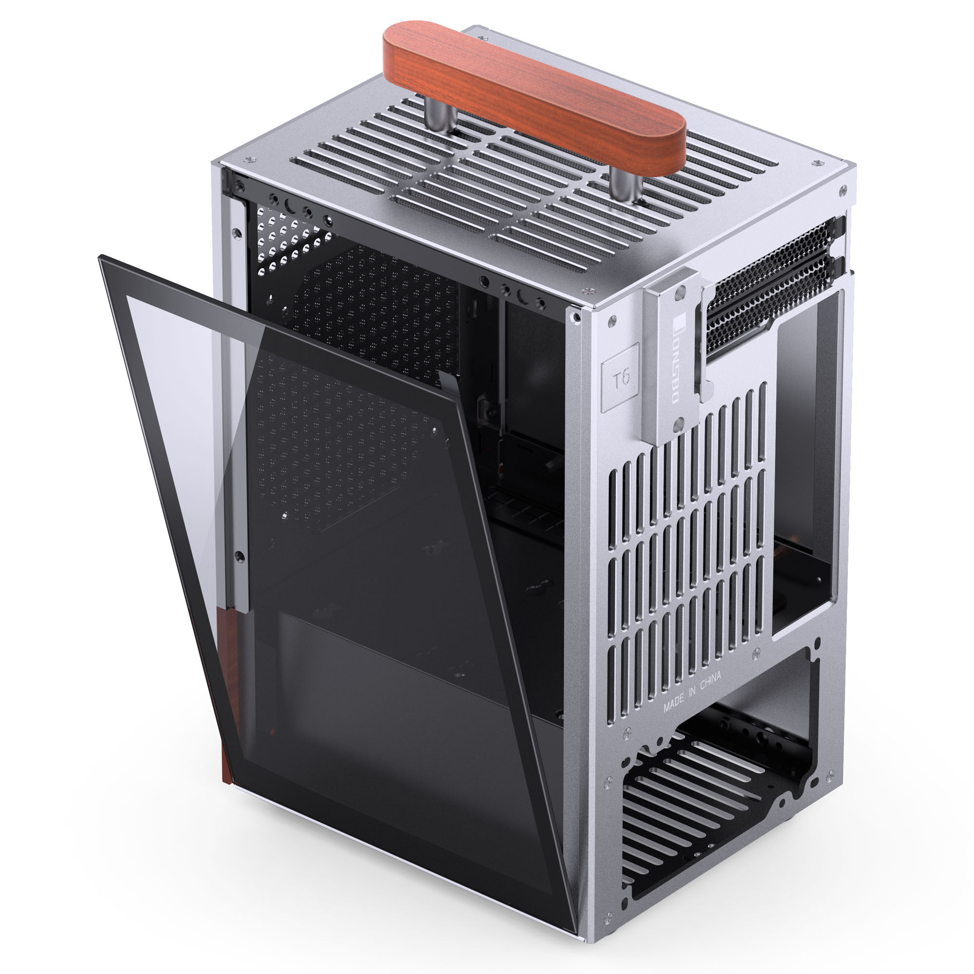 Jonsbo T6 PC Case, Mini-Tower, Mini-ITX, Tempered Glass, Wood - Silver - B-Grade