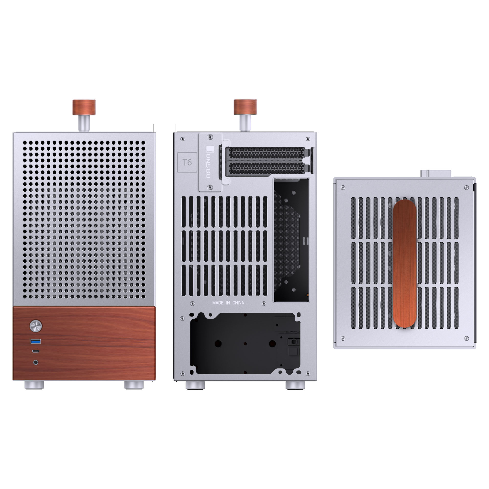 Jonsbo T6 PC Case, Mini-Tower, Mini-ITX, Tempered Glass, Wood - Silver - B-Grade