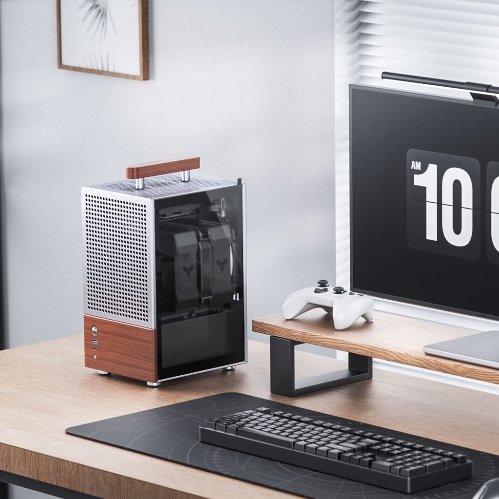 Jonsbo T6 PC Case, Mini-Tower, Mini-ITX, Tempered Glass, Wood - Silver - B-Grade