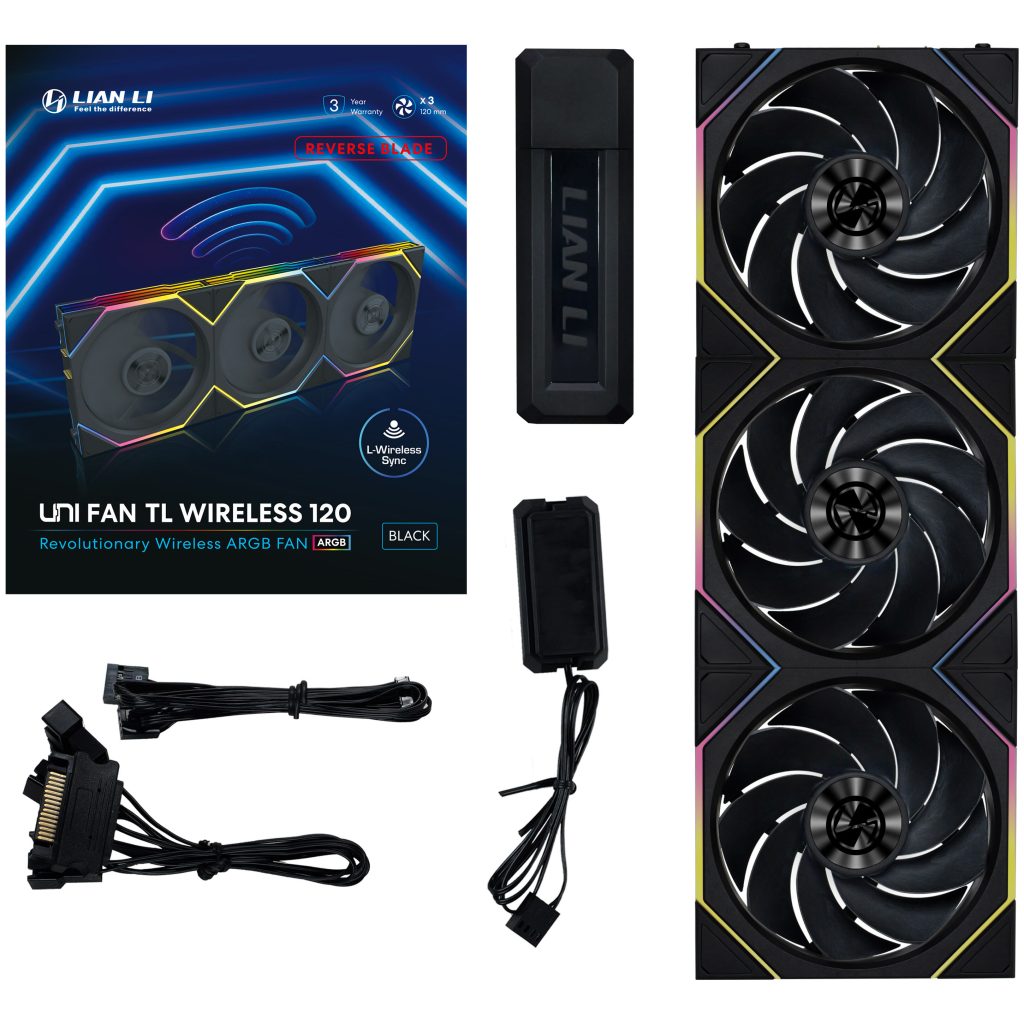 Lian Li UNI FAN TL wireless fans, ARGB, PWM, pack of 3 - reverse blade, 120mm, black