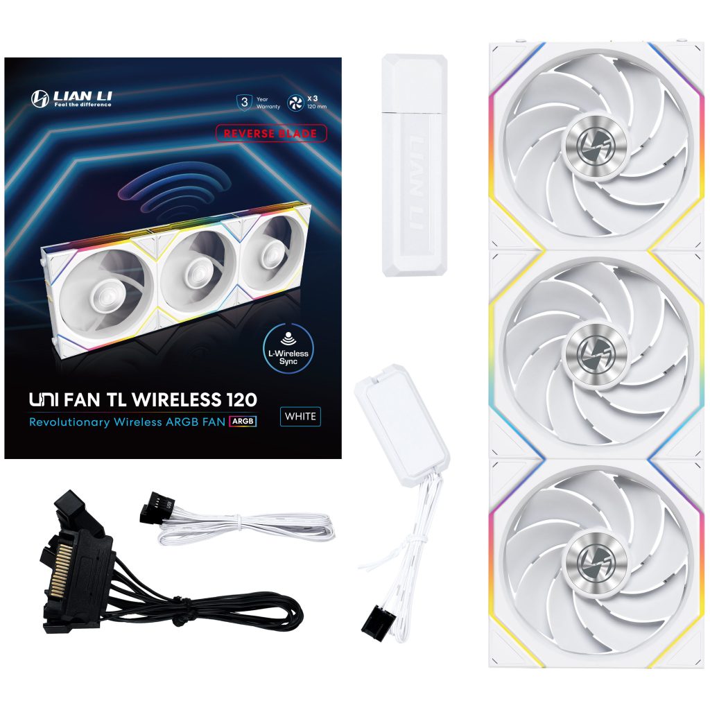 Lian Li UNI FAN TL wireless fans, ARGB, PWM, pack of 3 - reverse blade, 120mm, white