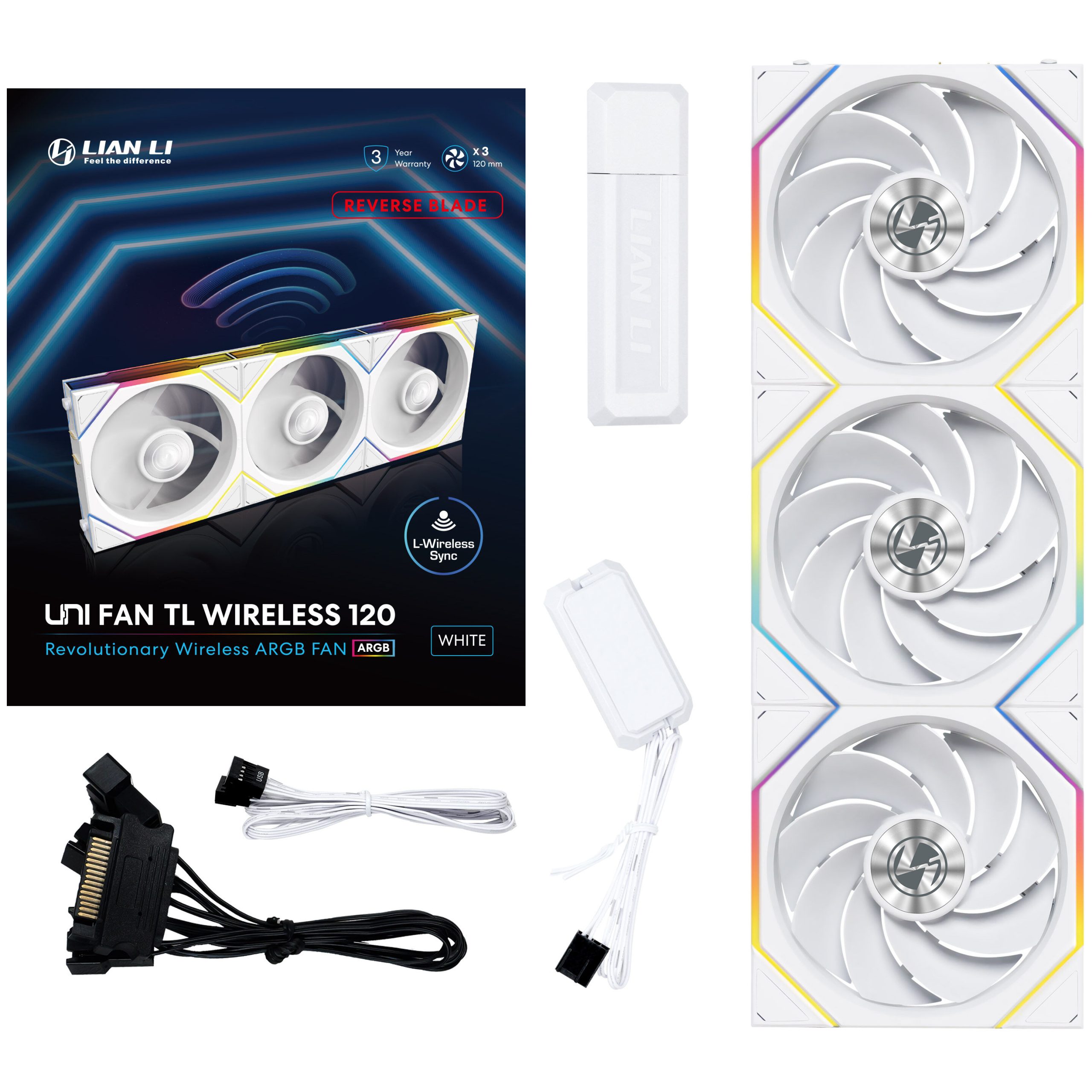 Lian Li UNI FAN TL wireless fans, ARGB, PWM, pack of 3 - reverse blade, 120mm, white