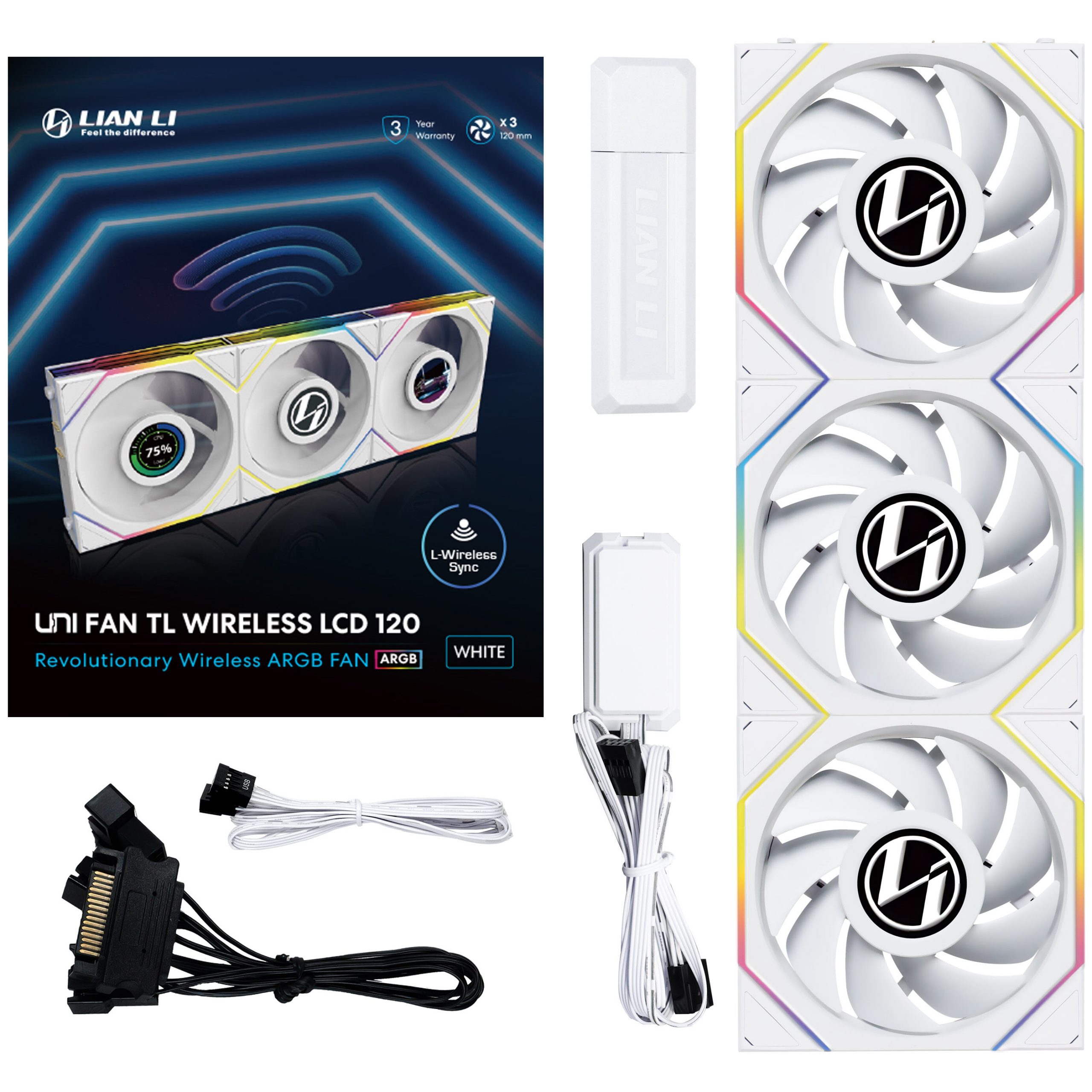 Lian Li UNI FAN TL Wireless LCD fan, ARGB, PWM, pack of 3 incl. controller - 120 mm, white