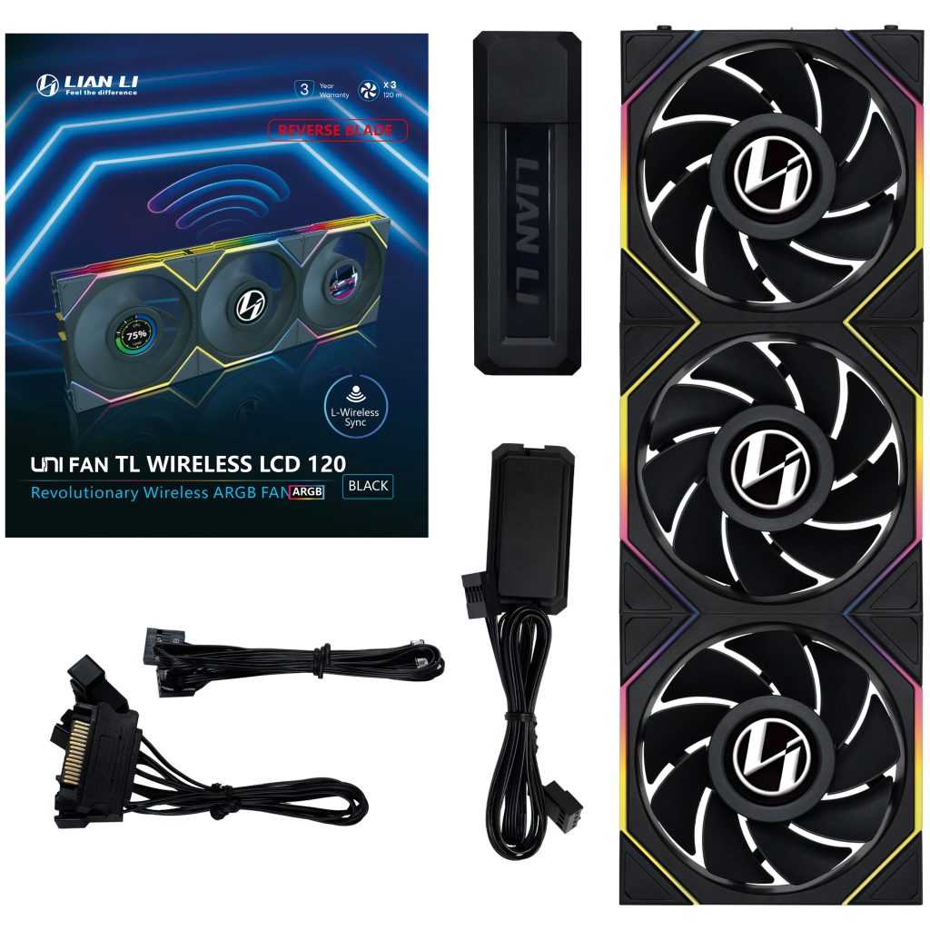 Lian Li UNI FAN TL-LCD Wireless Reverse Blade Fan, 3-Pack incl. Controller - 120mm, Black