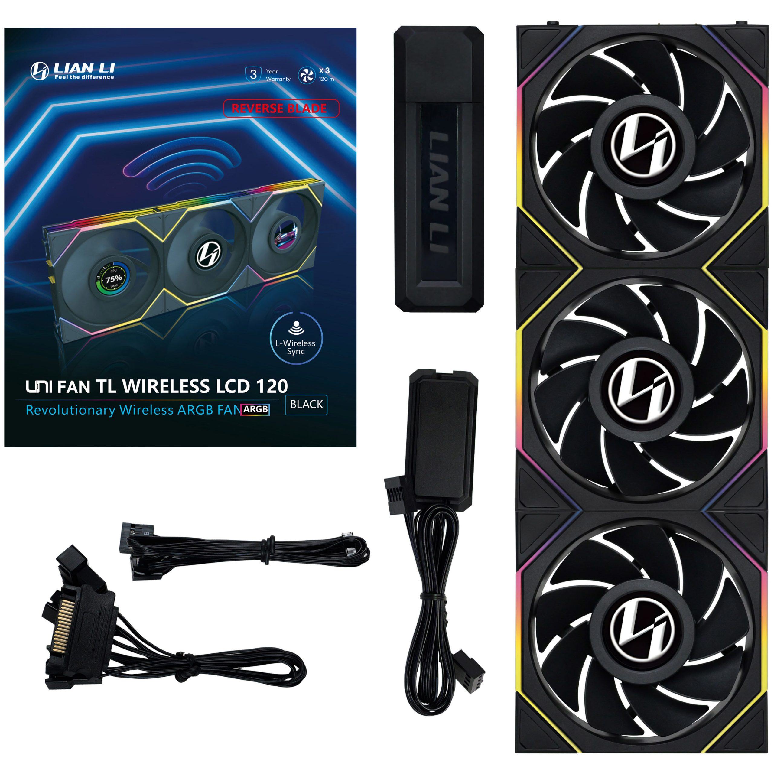 Lian Li UNI FAN TL-LCD Wireless Reverse Blade Fan, 3-Pack incl. Controller - 120mm, Black