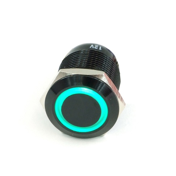 Push-Button 19mm Aluminium Black, Green Lighting, With Screw-On Contacts