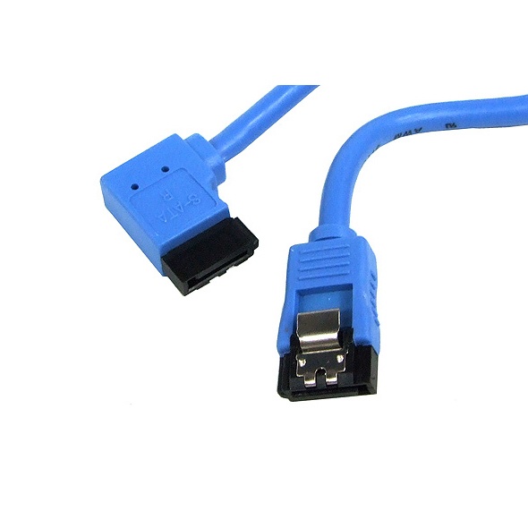 SATA round cable, blue, one side angled 90- right, with latches, 0.70m
