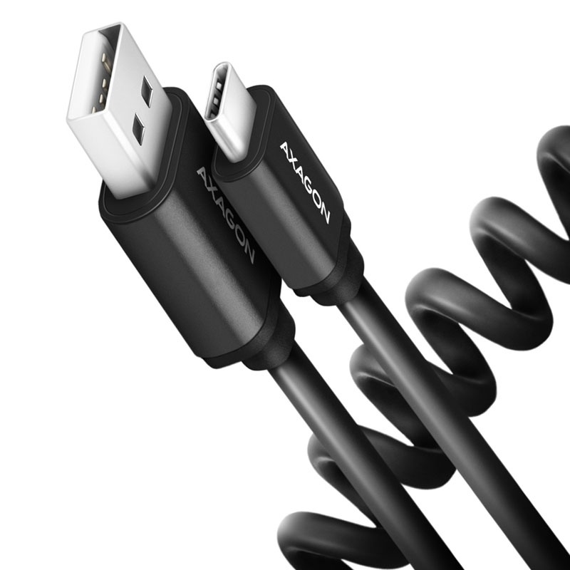 AXAGON BUCM-AM20TB spiral cable, USB-C to USB-A, 1 m, USB 2.0, 2.4 A, ALU, PVC - Black