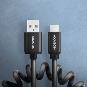 AXAGON BUCM-AM20TB spiral cable, USB-C to USB-A, 1 m, USB 2.0, 2.4 A, ALU, PVC - Black