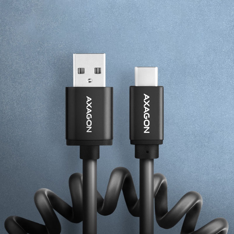 AXAGON BUCM-AM20TB spiral cable, USB-C to USB-A, 1 m, USB 2.0, 2.4 A, ALU, PVC - Black