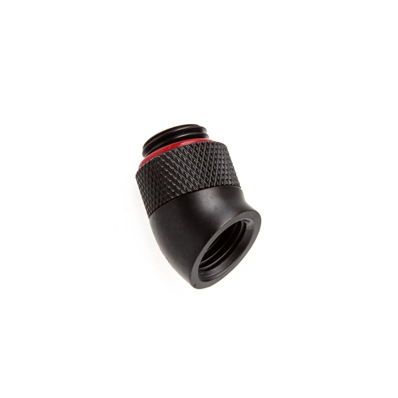 Bitspower angle 1/4 inch to 1/4 inch IG, carbon black rotating 30 degrees.