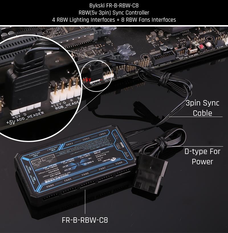 Bykski FR-B-RBW-C8, 8+4 Channel 5v RBW Fan / LED Controller with Motherboard Sync