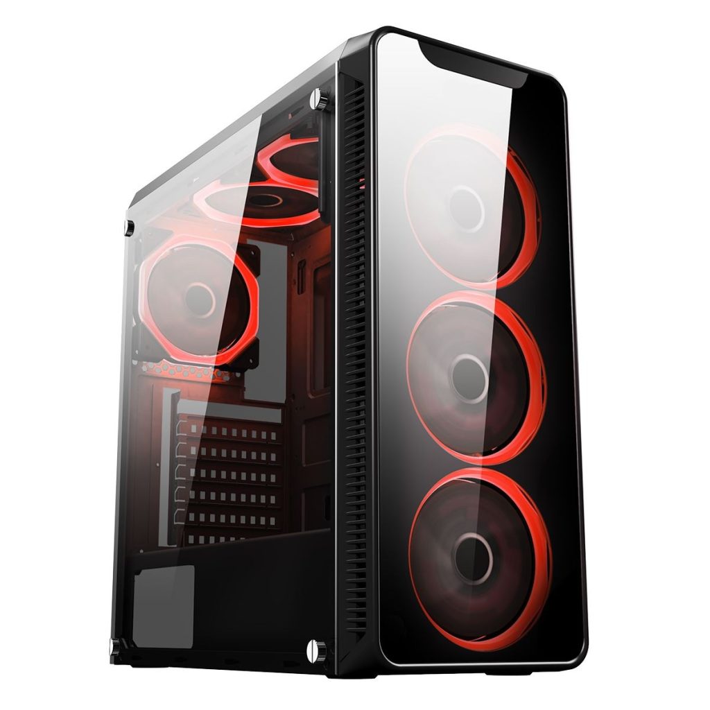 CiT Blaze Mid-Tower Gaming Case With 6 x Single Ring Red Fans Tempered Glass Side Window