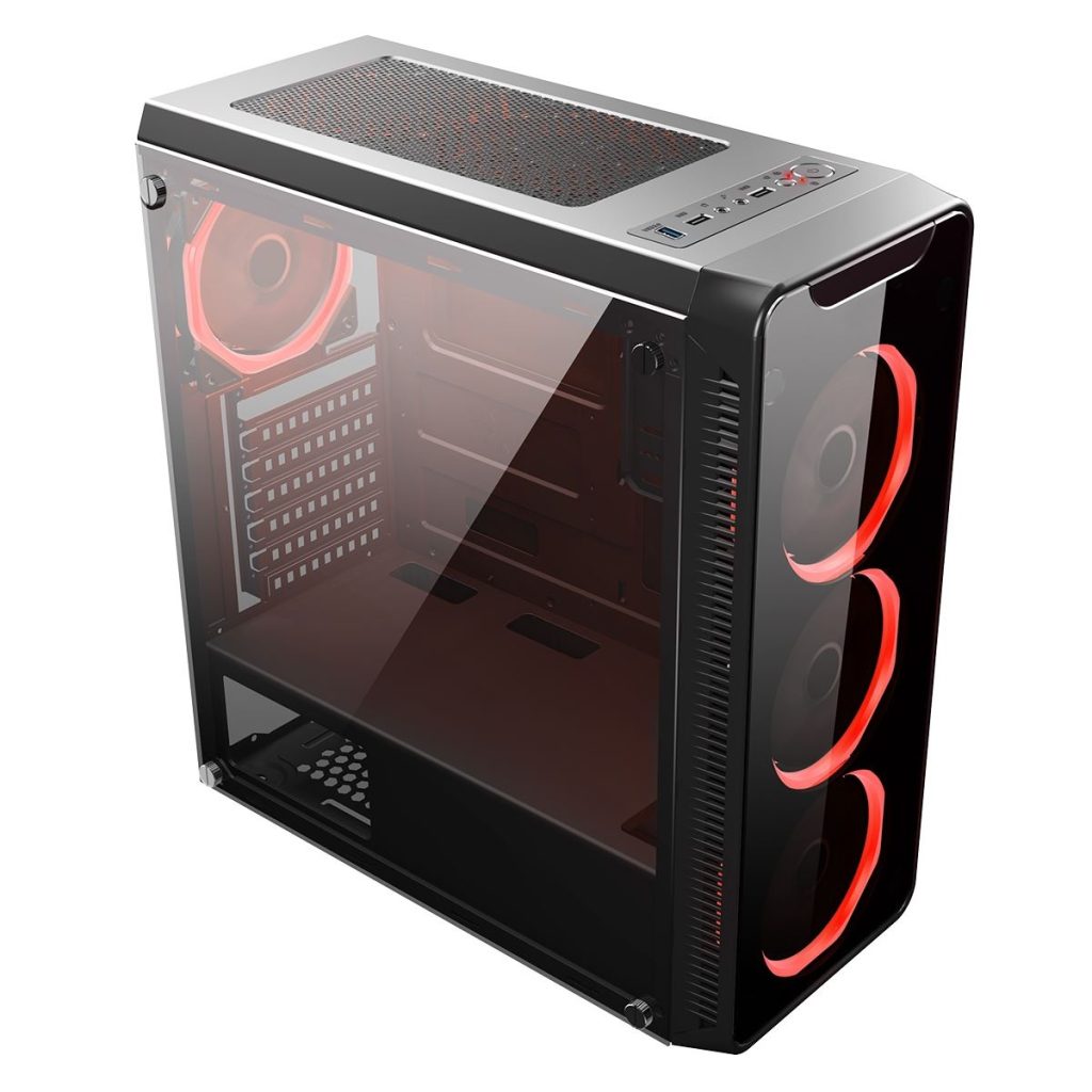CiT Blaze Mid-Tower Gaming Case With 6 x Single Ring Red Fans Tempered Glass Side Window