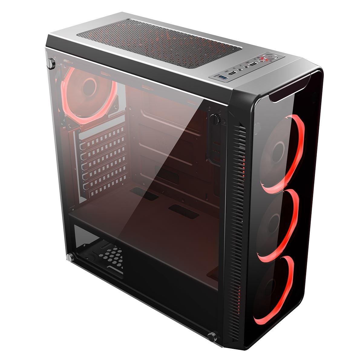 CiT Blaze Mid-Tower Gaming Case With 6 x Single Ring Red Fans Tempered Glass Side Window